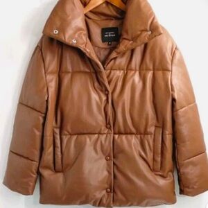 Avec Les Filles Woman's Coat Saddle Brown Faux Leather Puffer Jacket